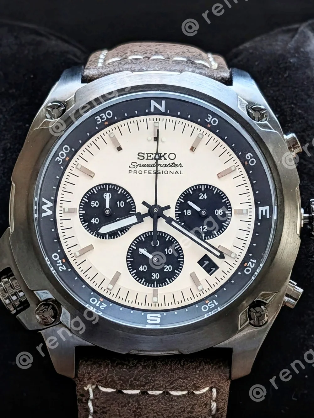 45mm Seiko Men's White Dial Panda Chronograph Mod Watch Compass Inner Ring